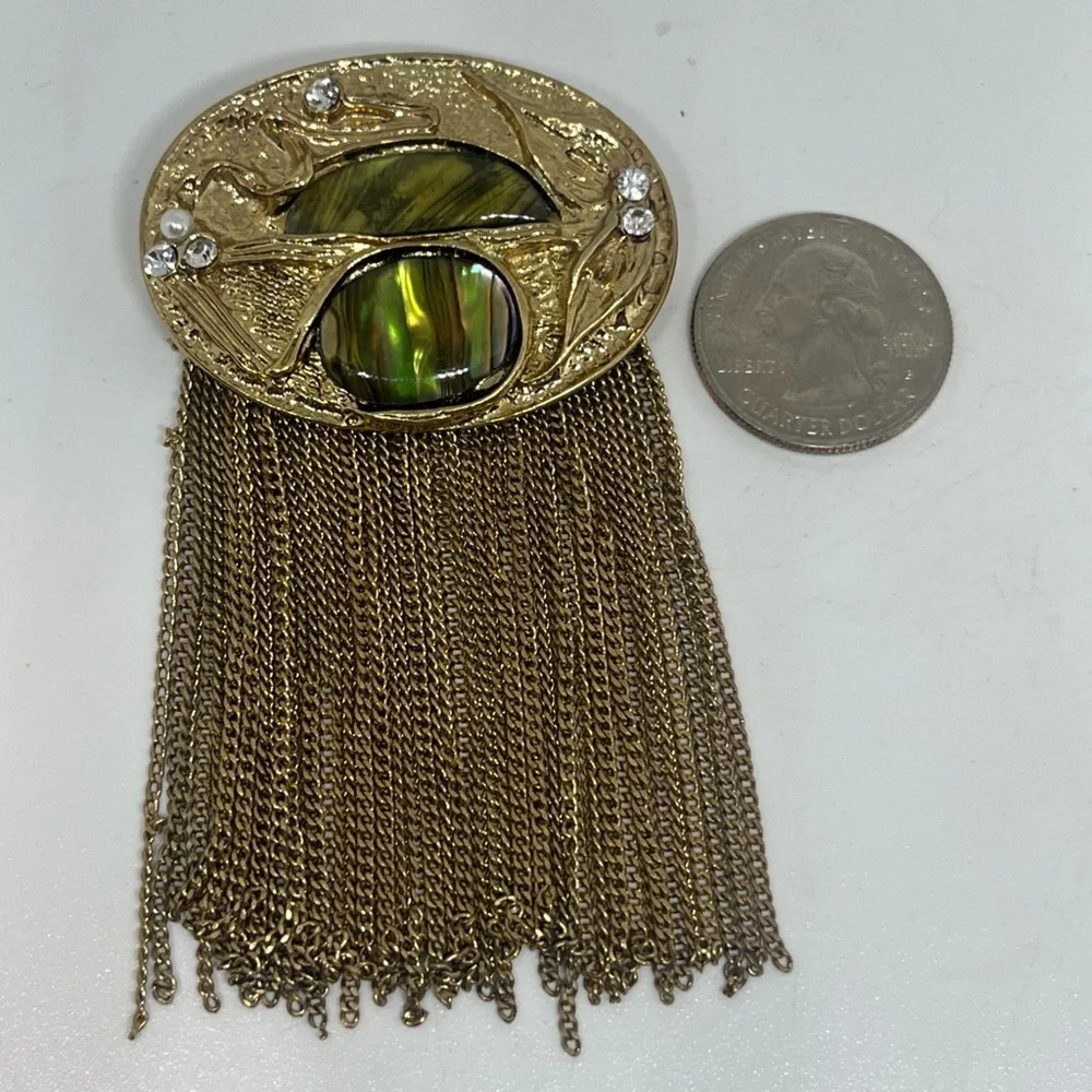 Art Deco Vintage Abalone and Brass Waterfall Jewelry Brooch w/ Gold Chain Fringe